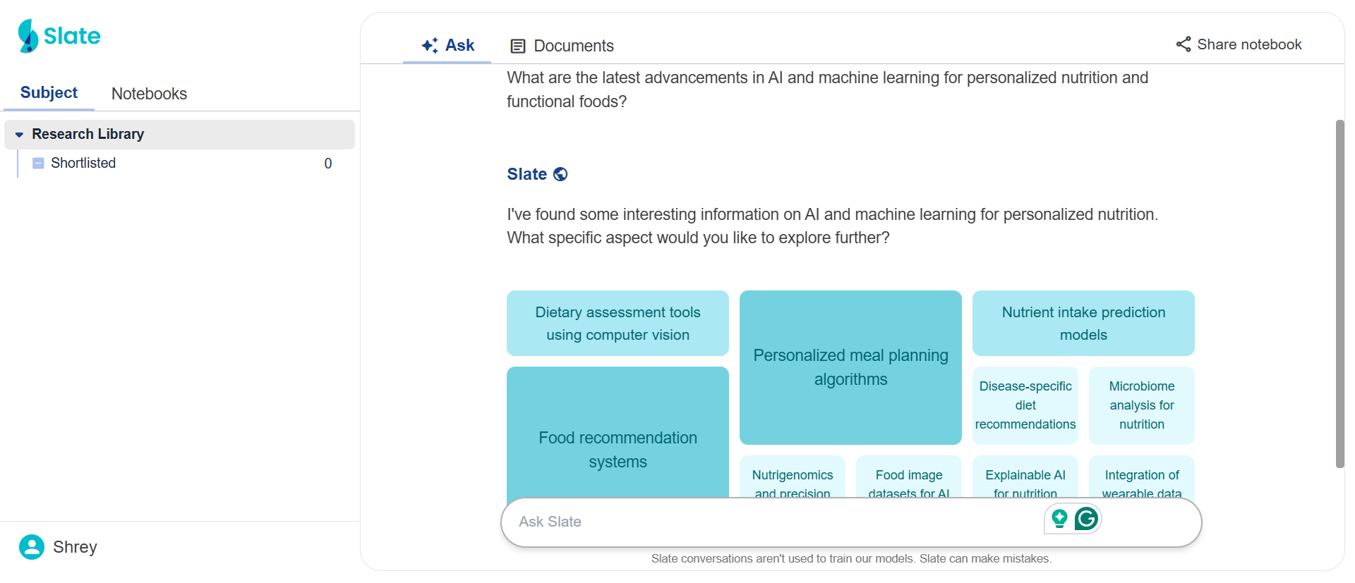 Discover latest advancements in AI and machine learning for personalized nutrition and functional foods with our in house tool, Slate