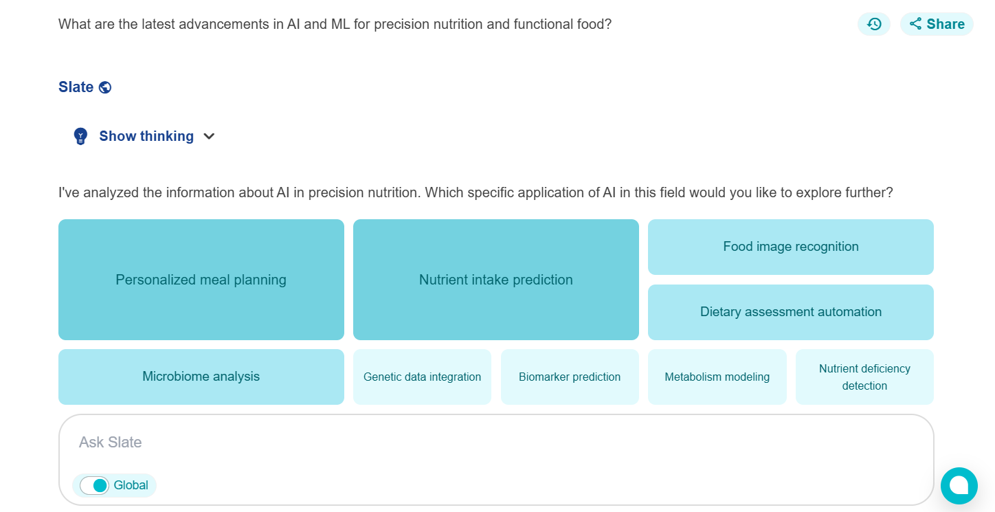 Discover the latest advancements in AI and ML for precision nutrition and functional food with our in house tool, Slate