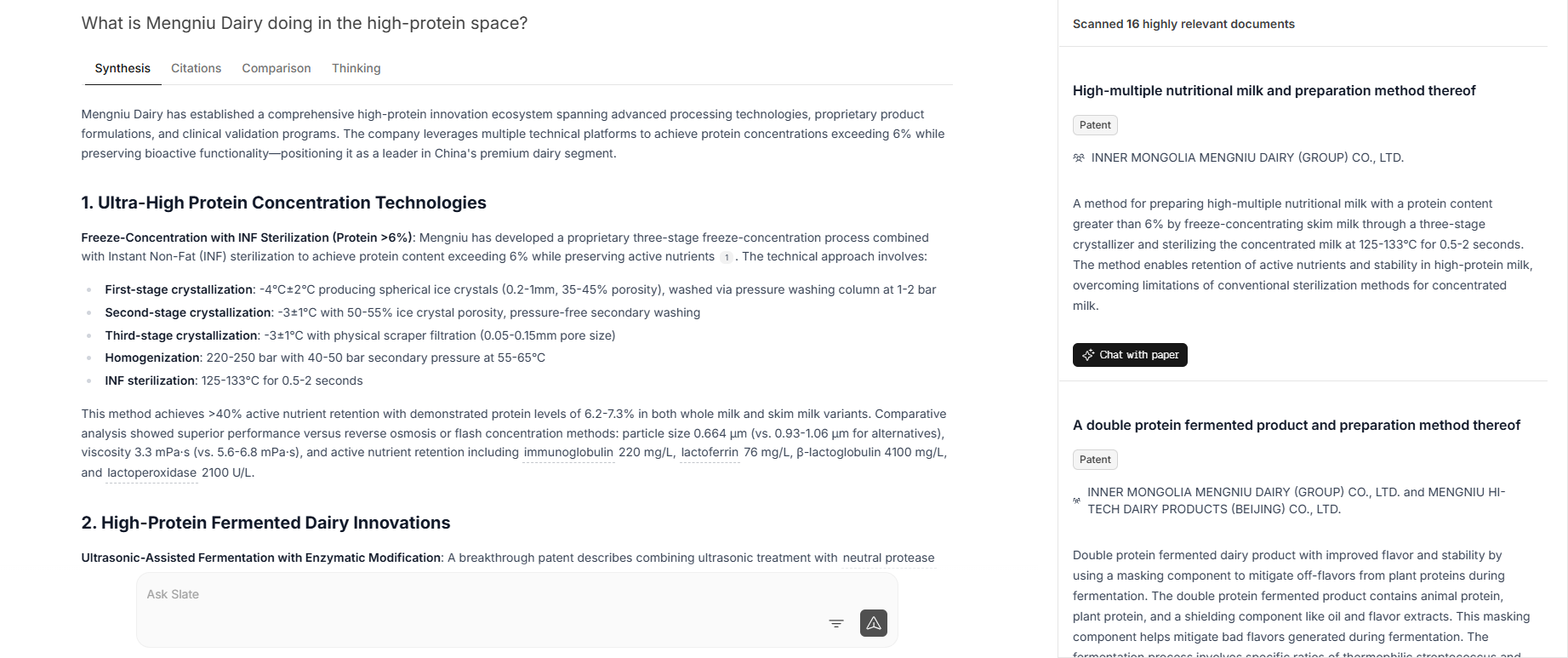 Explore what Mengniu Dairy doing in the high protein space with AI tool Slate